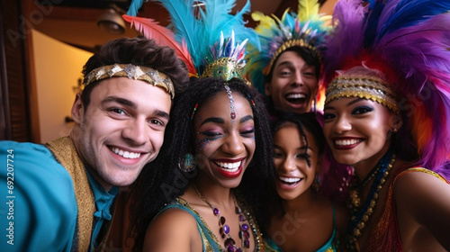 copy space, Multiracial friends in carnival costumes have fun while taking selfie and celebrating Mardi Gras at home. Perfect for carnival, Mardi Gras, party, celebration, and theme-related concepts. 