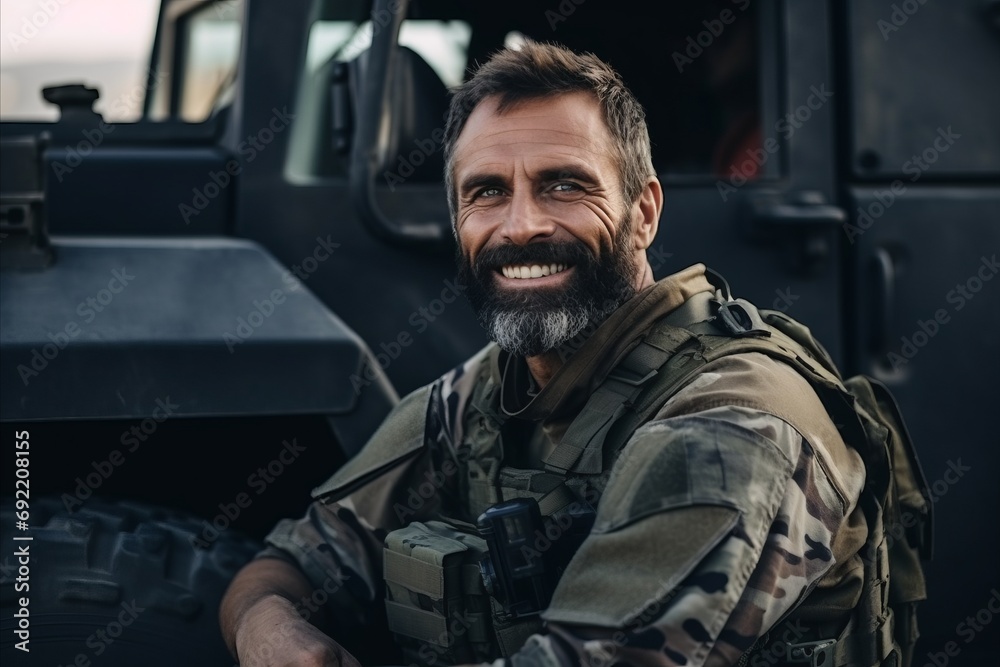 Portrait of a smiling soldier standing in front of a truck.