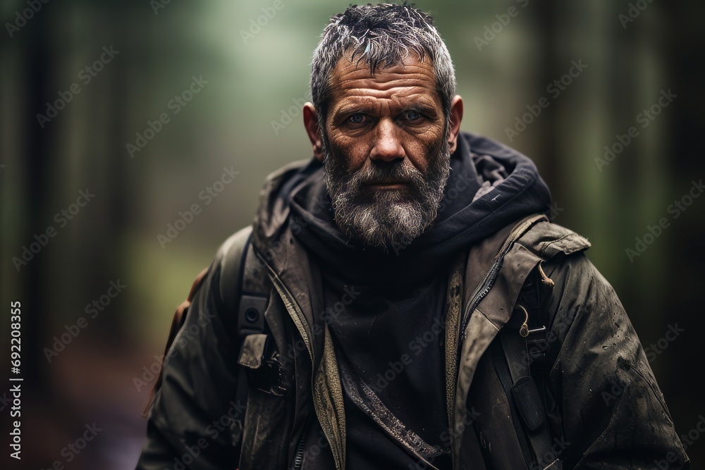 Portrait of a senior man with a backpack in the forest. Portrait of a senior man with a backpack in the forest.