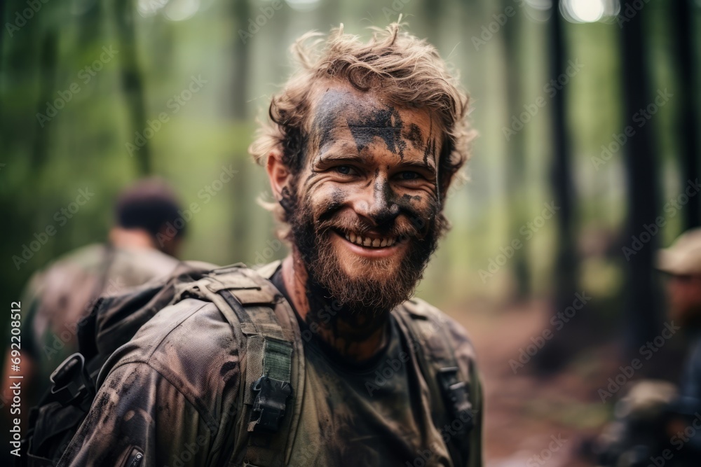 Handsome soldier with dirty face in the forest. Military concept. Handsome soldier with dirty face in the forest. Military concept.