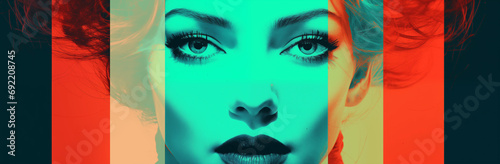Generative AI illustration of a woman's head in monochrome toning for a party flyer in the style of glitch art, retro pop art, hero image for landing page design, banner 
