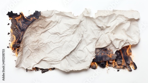 A burnt piece of paper on a white surface. Can be used to illustrate destruction, accidents, or the aftermath of a fire.