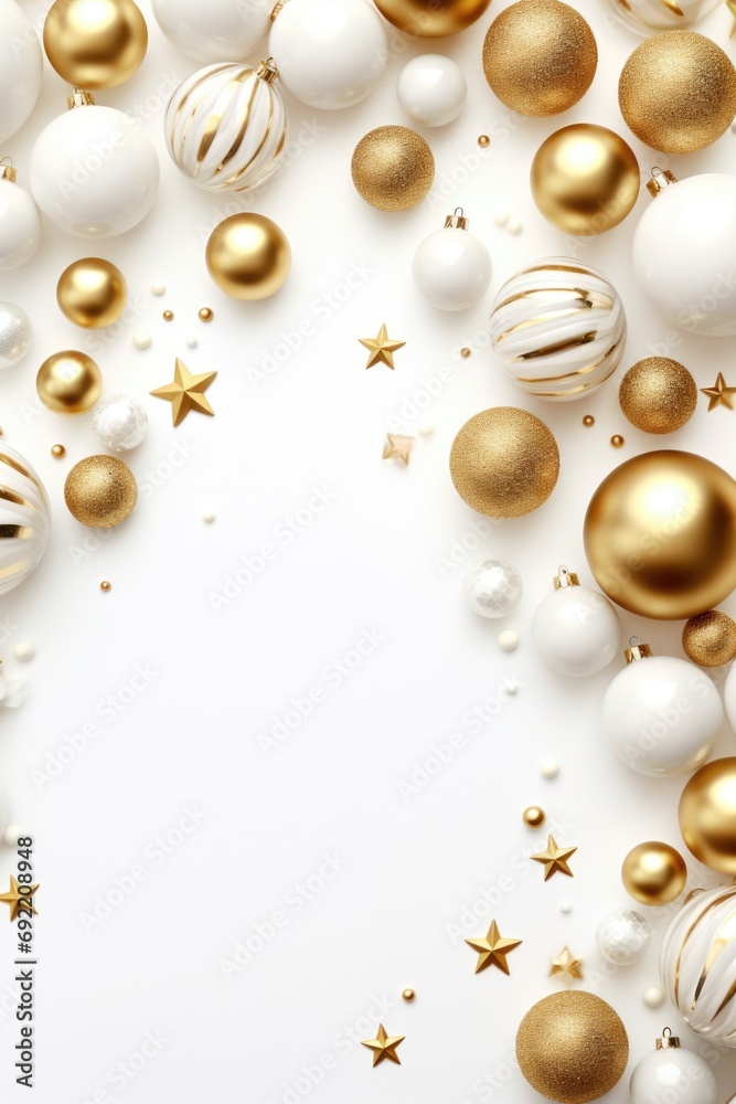 A festive white and gold Christmas background adorned with beautiful ornaments. Perfect for adding a touch of elegance to your holiday designs A festive white and gold Christmas background adorned with beautiful ornaments. Perfect for adding a touch of elegance to your holiday designs