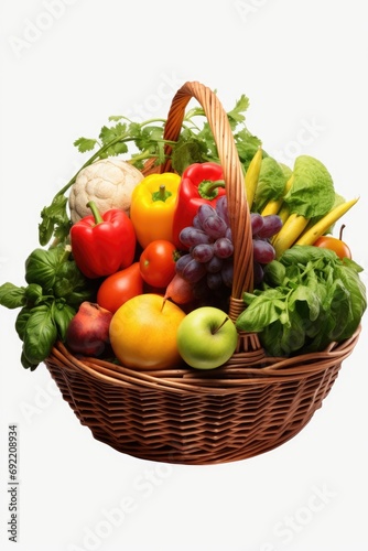 A basket filled with a variety of fresh fruits and vegetables. Perfect for healthy eating or showcasing farm-fresh produce