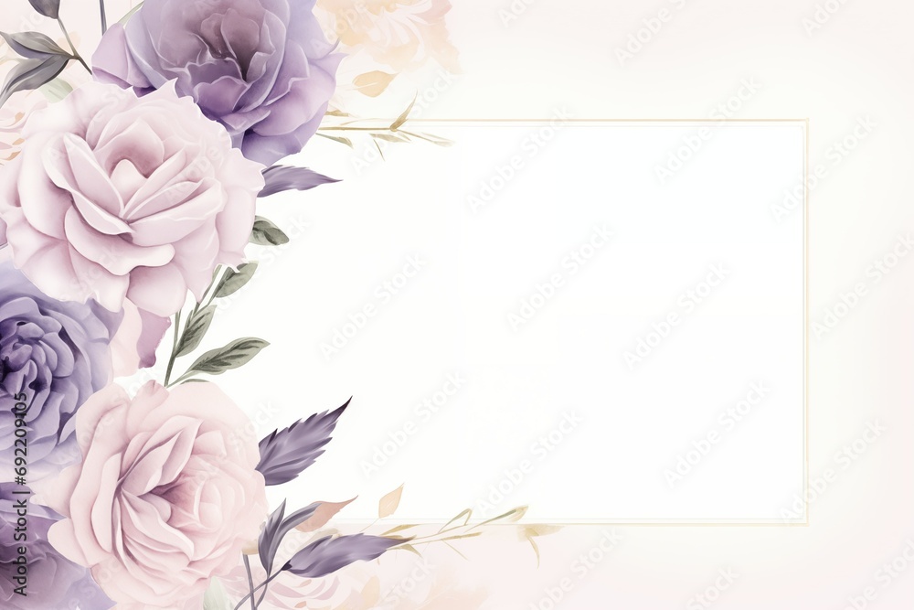 Obraz premium Sophisticated wedding invitation bordered with watercolor English garden roses in pastel lavender and white tones with copy space