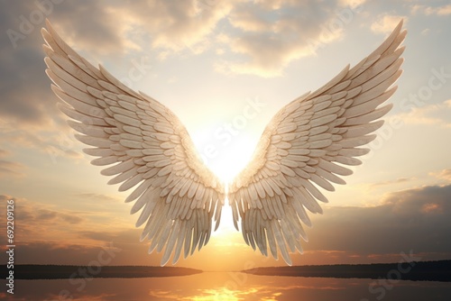 A stunning image of large white angel wings gracefully soaring above a serene body of water. Perfect for adding an ethereal touch to any project