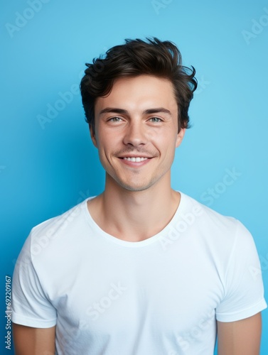 Dental Confidence: A professional young European man, in a stylish white shirt, smiles against a light blue background, epitomizing the elegance and confidence of dental health