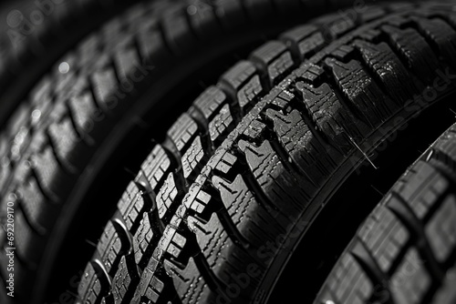 A close-up view of a tire on a black background. This image can be used to depict transportation, automotive industry, or tire maintenance © Fotograf