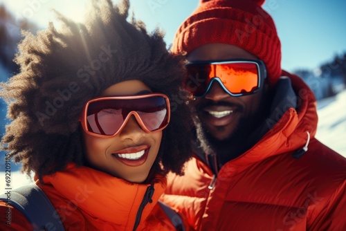 A picture of a man and a woman dressed in ski gear, posing for a photograph. This image can be used to depict outdoor winter activities or as a representation of a couple enjoying winter sports