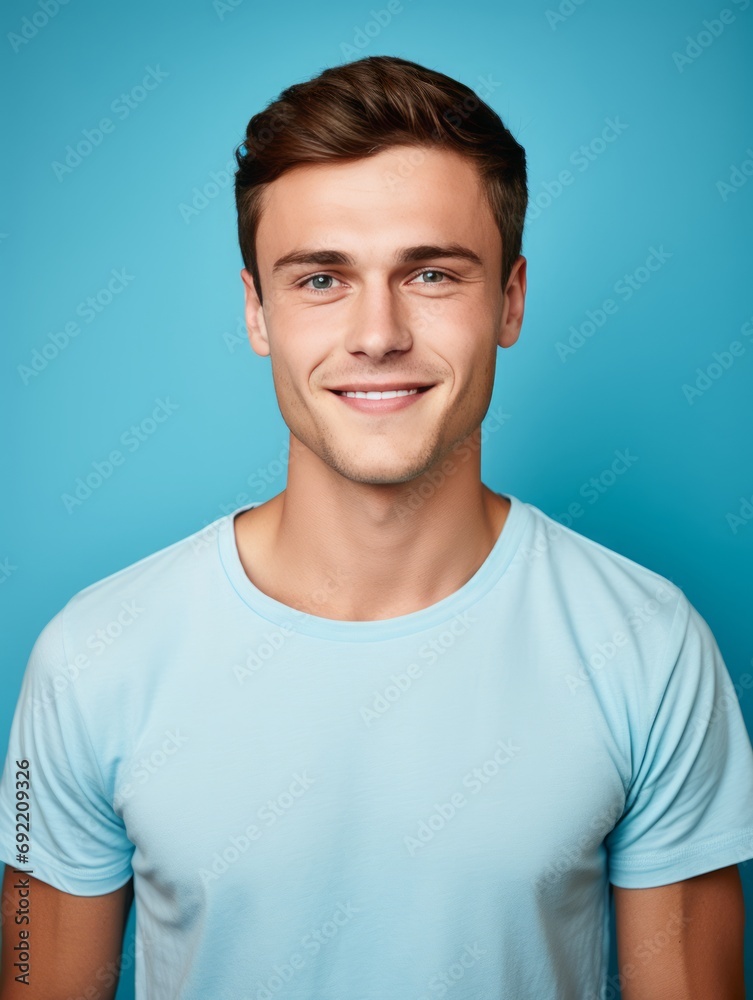 Dental Confidence: A professional young European man, in a stylish white shirt, smiles against a light blue background, epitomizing the elegance and confidence of dental health Dental Confidence: A professional young European man, in a stylish white shirt, smiles against a light blue background, epitomizing the elegance and confidence of dental health