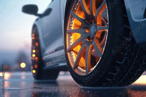 A close-up view of a car tire on a wet road. Suitable for automotive and transportation themes