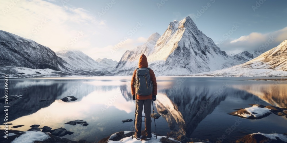 A person standing in front of a serene mountain lake. This image can be used to depict solitude, nature, or outdoor activities - obrazy, fototapety, plakaty 