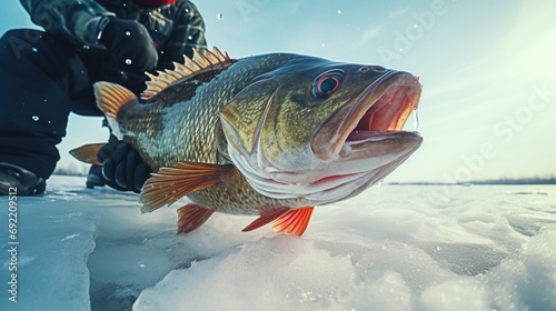 A person is holding a fish on a frozen lake. This picture can be used to depict ice fishing or winter recreational activities