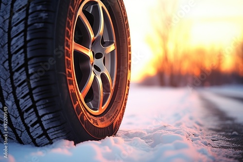 A detailed view of a tire on a snowy road. Suitable for winter driving or weather-related concepts