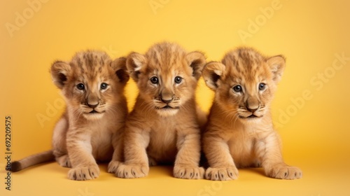 Three lion cubs sitting together on a vibrant yellow background. Perfect for animal lovers or wildlife enthusiasts.