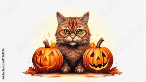 A cat sits next to two intricately carved pumpkins. Perfect for Halloween decorations or festive autumn themes © Fotograf