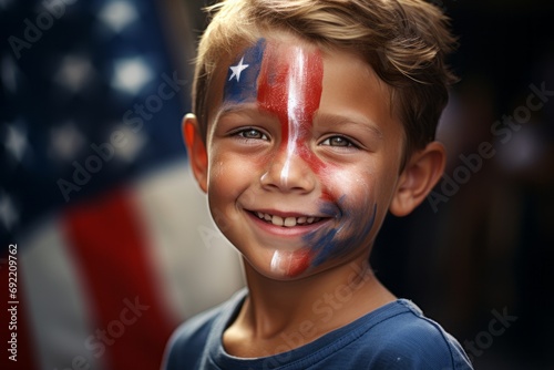 Smiling American child against the background of the American flag, pride and patriotism