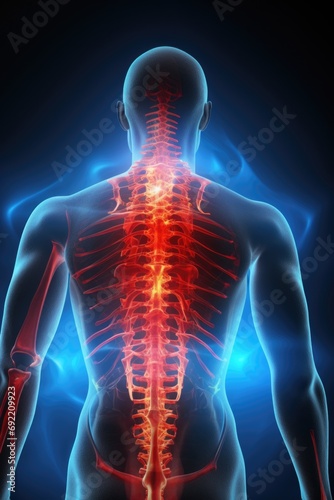 A close-up image of the back of a man with a highlighted spine. This picture can be used for medical or anatomical purposes