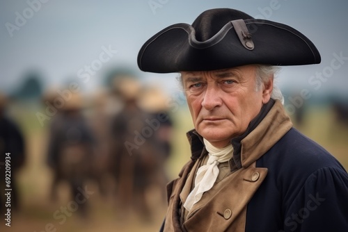 Portrait of an old man in a cowboy costume on the field