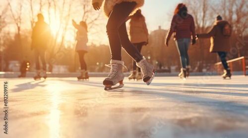 A group of people enjoying ice skating on an ice rink. Perfect for winter activities and family fun