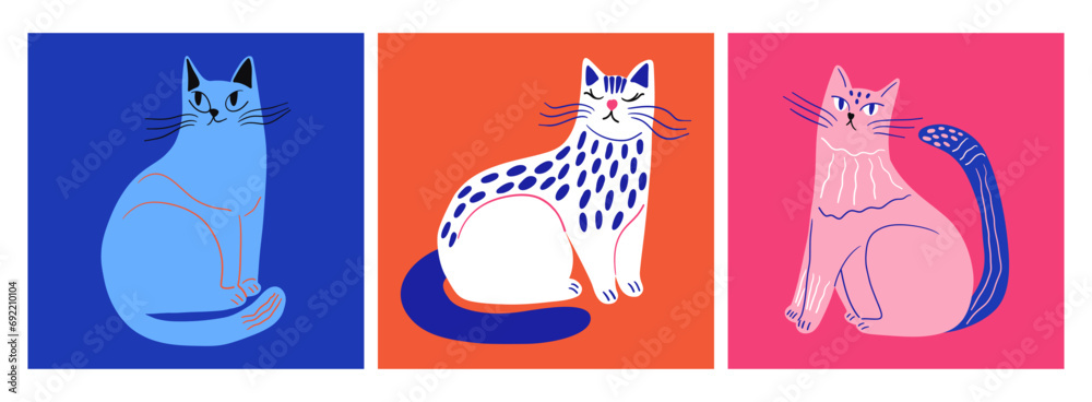 Abstract cats set. Cartoon hand drawn cat collection naive art style for print, card, posters template. Vector illustration