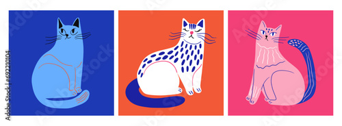 Abstract cats set. Cartoon hand drawn cat collection naive art style for print, card, posters template. Vector illustration