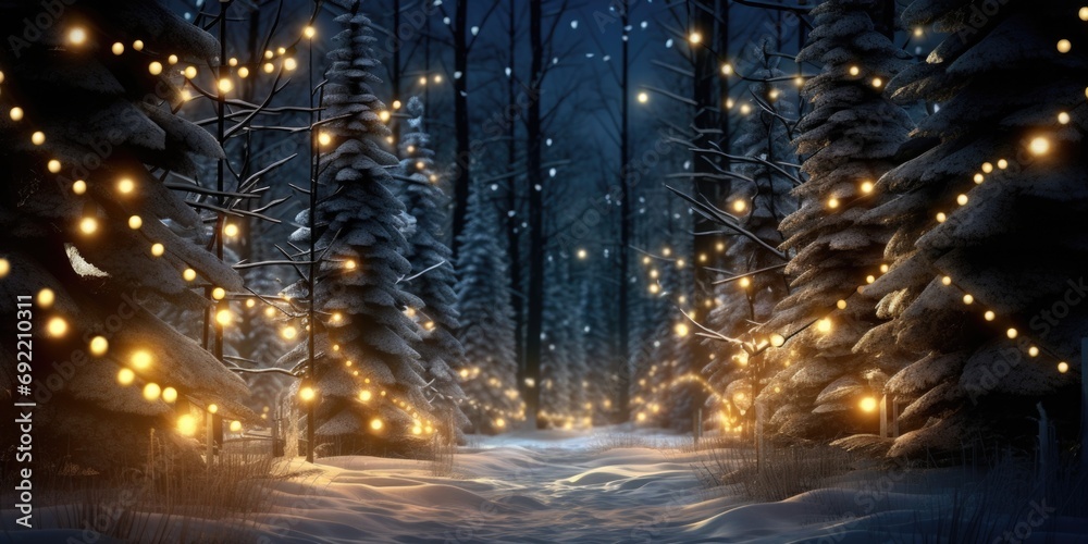 A picturesque snowy path illuminated by lights. Perfect for winter-themed designs and holiday promotions