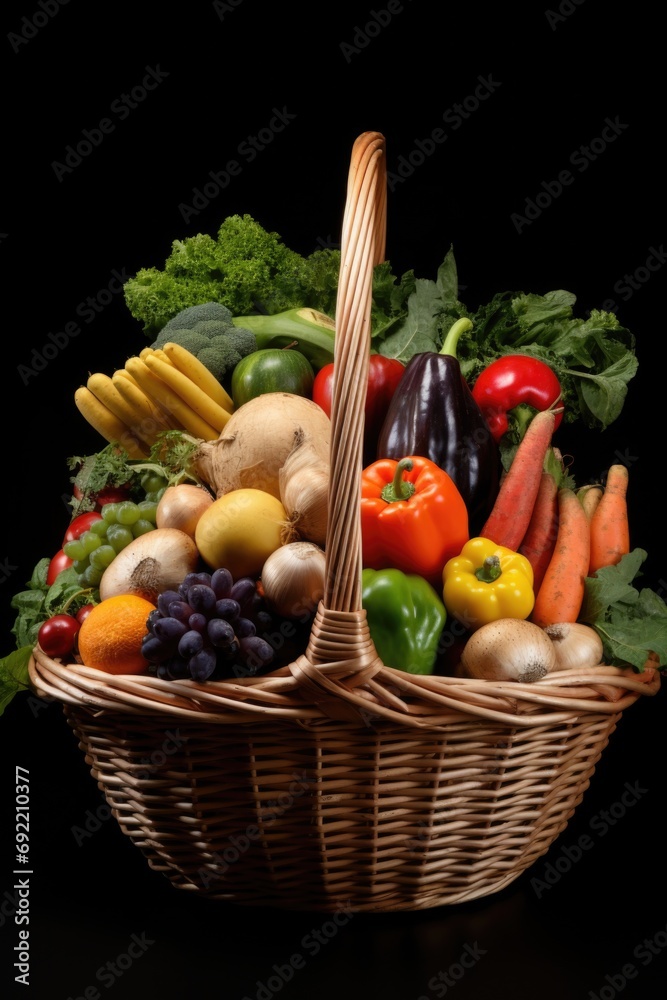 A wicker basket filled with a variety of fresh fruits and vegetables. Perfect for healthy eating and cooking inspiration A wicker basket filled with a variety of fresh fruits and vegetables. Perfect for healthy eating and cooking inspiration