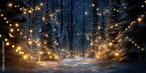 A picturesque snowy path illuminated by lights. Perfect for winter-themed designs and holiday promotions