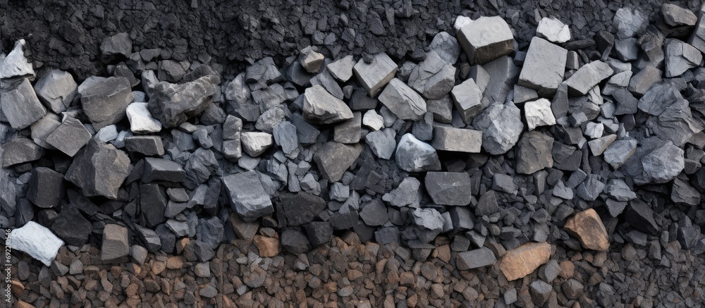 Asphalt concrete mixes mineral materials Pile of gravel crushed stone sand mineral powder and building material for the production of asphalt Territory of the asphalt concrete plant. Copy space image