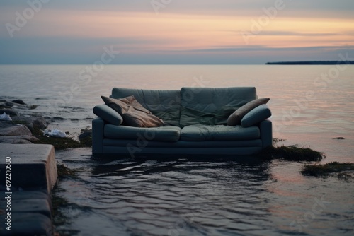 A picture of a couch sitting in the middle of a body of water. Perfect for illustrating surreal or unexpected situations. photo