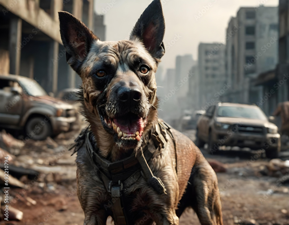 zombie dog attack in a post apocalyptic suburban town - generative AI
