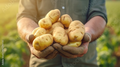 A man holding a handful of potatoes. This image can be used in various contexts such as cooking, farming, agriculture, or healthy eating