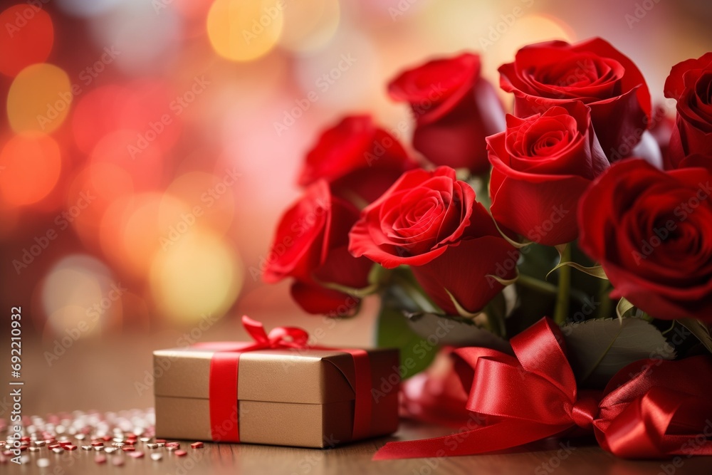 Red roses and gift box on a bokeh background Red roses and gift box on a bokeh background
