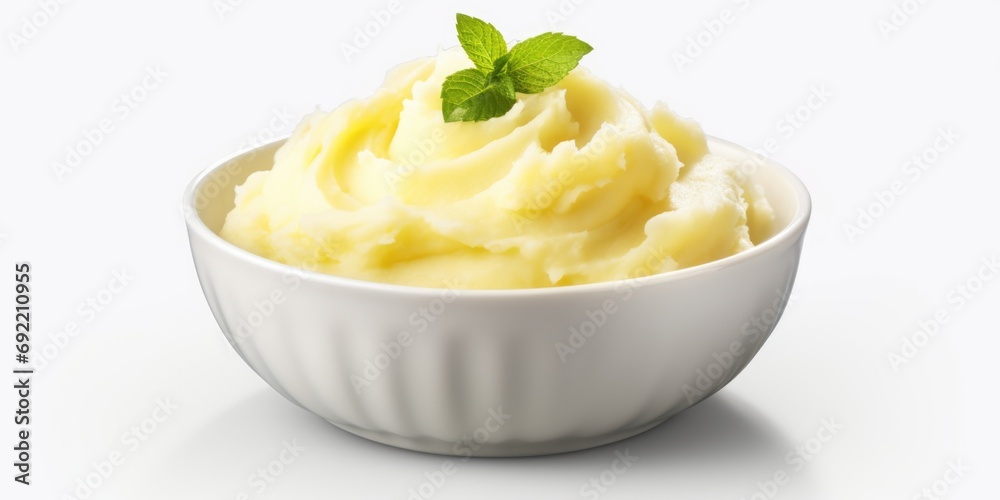 A delicious bowl of mashed potatoes topped with a fresh sprig of mint. Perfect for a comforting meal or as a side dish. A delicious bowl of mashed potatoes topped with a fresh sprig of mint. Perfect for a comforting meal or as a side dish.