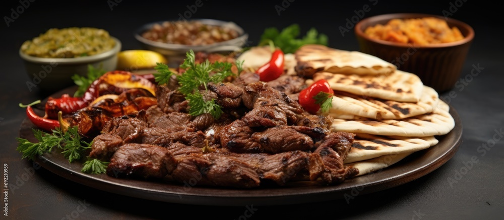 Arabic grilled arabic food dishes kebab dolma mansaf shawarma Turkish and Arabic Traditional Ramadan Mix Vali Kebab Plate inside Adana Urfa Chicken Lamb Liver and Beef on bread on table Arabic grilled arabic food dishes kebab dolma mansaf shawarma Turkish and Arabic Traditional Ramadan Mix Vali Kebab Plate inside Adana Urfa Chicken Lamb Liver and Beef on bread on table