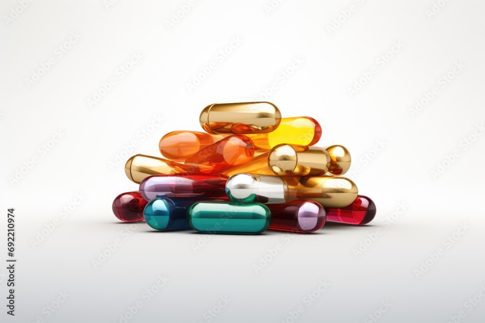 A pile of multicolored pills on a white surface. Can be used to depict the concept of medication, healthcare, or addiction A pile of multicolored pills on a white surface. Can be used to depict the concept of medication, healthcare, or addiction