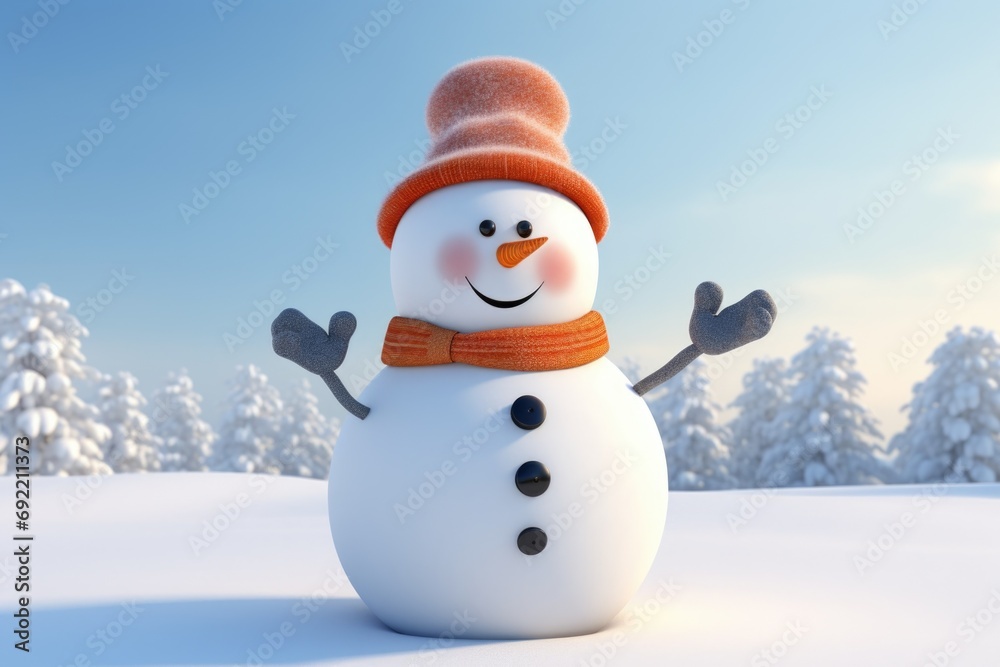 A snowman wearing a hat and scarf stands in the snow. Perfect for winter-themed designs or holiday projects