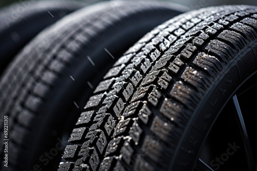 A close-up view of a tire on the ground. This image can be used to depict transportation, automotive industry, or a flat tire situation © Fotograf