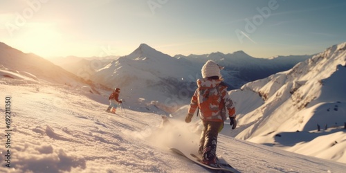 A person riding a snowboard down a snow covered slope. Perfect for winter sports or outdoor adventure concepts