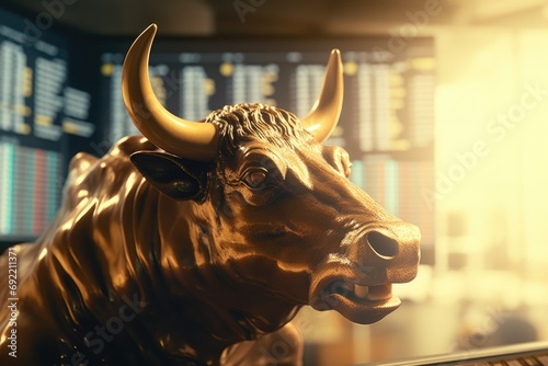 A statue of a bull positioned in front of a computer screen. This image can be used to represent the stock market, financial technology, or the concept of technology in business