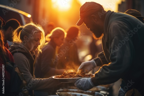 A man is pictured serving food to a group of people. This image can be used to depict catering, hospitality, or a family gathering