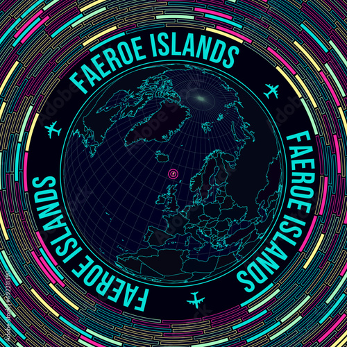 Faroes on globe. Satelite view of the world centered to Faroes. Bright neon style. Futuristic radial bricks background. Elegant vector illustration. photo