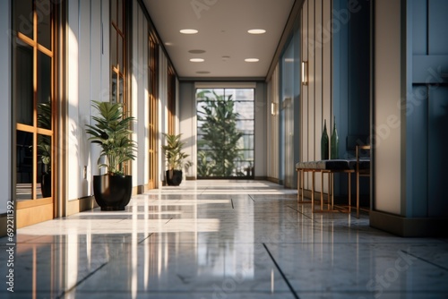 A picture of a long hallway adorned with potted plants and large windows. Perfect for interior design or architectural projects