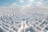 A man standing in a maze with a sky background. Can be used to represent challenges, problem-solving, or finding one's way in life