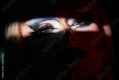 Konstfotografi Spotlight detail shot of drag queen performer on stage with focus on eyes with e