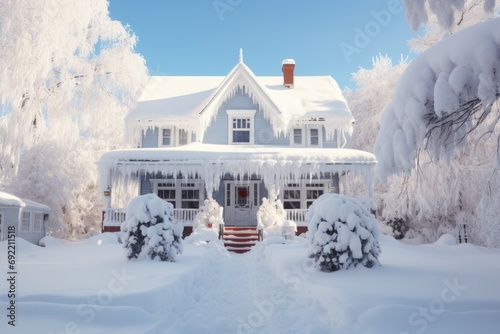 A snowy winter scene with a white house covered in snow and icicles. Perfect for winter-themed designs and holiday promotions