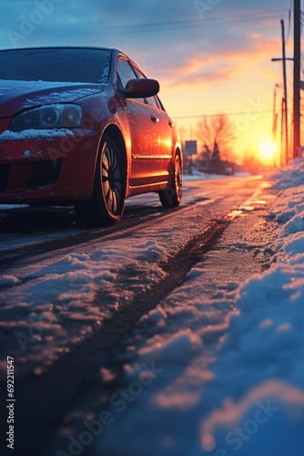 A red car driving down a snow covered road. Suitable for winter travel or scenic winter landscapes