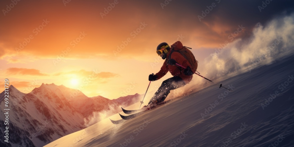 A man is pictured skiing down a snow-covered slope. This image can be used to depict winter sports and outdoor activities