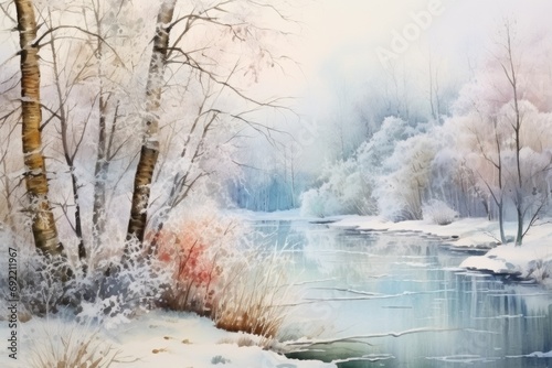 A painting of a river in a snowy forest. Perfect for winter-themed designs and nature-inspired projects